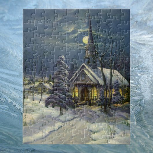 Kerstmis, winterkerk in sneeuw met maan legpuzzel