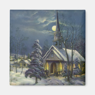 Kerstmis, winterkerk in sneeuw met maan magneet
