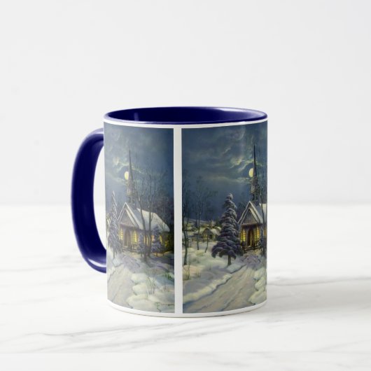 Kerstmis, winterkerk in sneeuw met maan mok (Voorkant links)