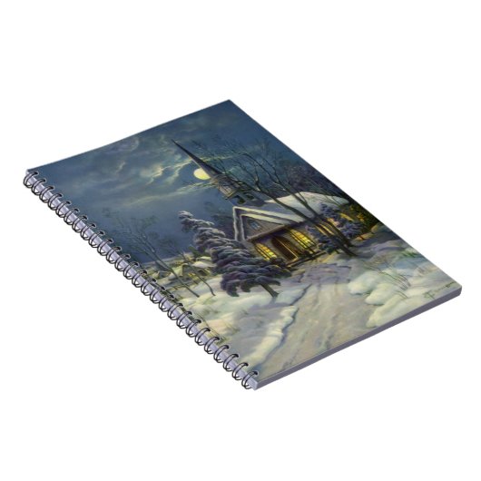 Kerstmis, winterkerk in sneeuw met maan notitieboek (Rechterzijde)