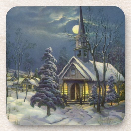 Kerstmis, winterkerk in sneeuw met maan onderzetter (Voorkant)