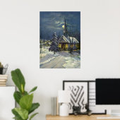 Kerstmis, winterkerk in sneeuw met maan poster (Thuiskantoor)
