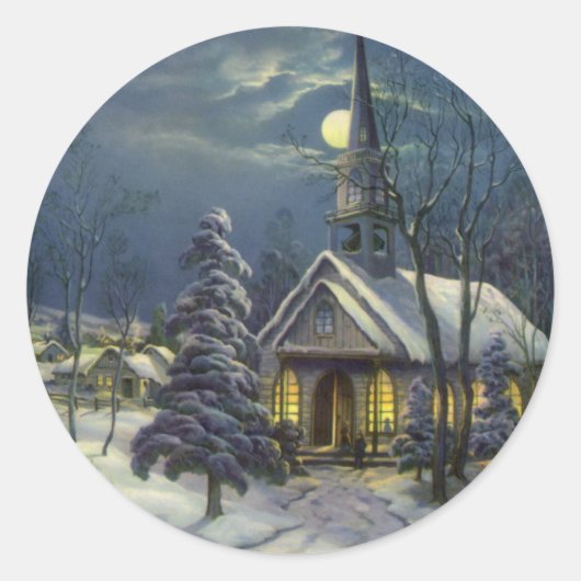 Kerstmis, winterkerk in sneeuw met maan ronde sticker (Voorkant)