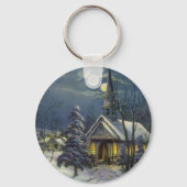 Kerstmis, winterkerk in sneeuw met maan sleutelhanger (Voorkant)