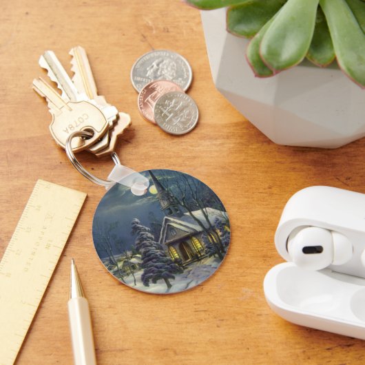 Kerstmis, winterkerk in sneeuw met maan sleutelhanger (Bureau)