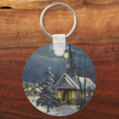 Kerstmis, winterkerk in sneeuw met maan sleutelhanger (Voorkant)