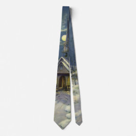 Kerstmis, winterkerk in sneeuw met maan stropdas