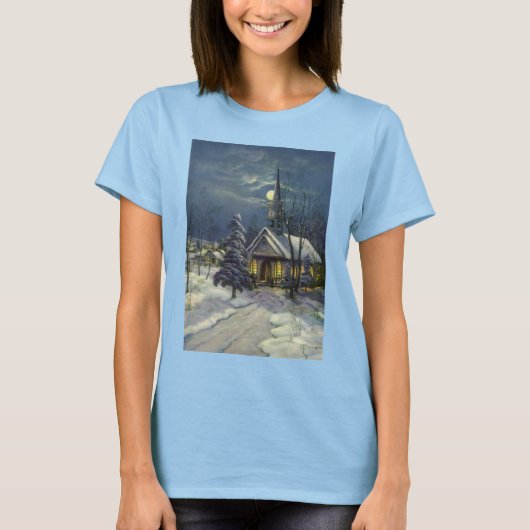 Kerstmis, winterkerk in sneeuw met maan t-shirt (Voorkant)
