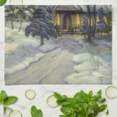 Kerstmis, winterkerk in sneeuw met maan theedoek (Gevouwen)