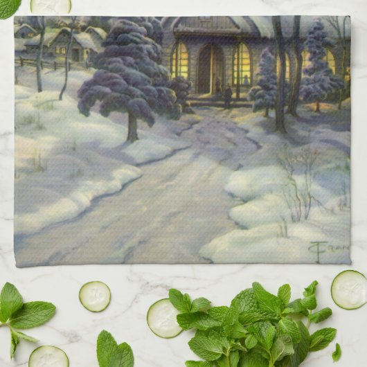 Kerstmis, winterkerk in sneeuw met maan theedoek (Gevouwen)