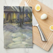 Kerstmis, winterkerk in sneeuw met maan theedoek (Quarter Fold)