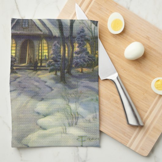 Kerstmis, winterkerk in sneeuw met maan theedoek (Quarter Fold)