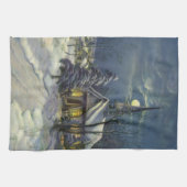 Kerstmis, winterkerk in sneeuw met maan theedoek (Horizontaal)