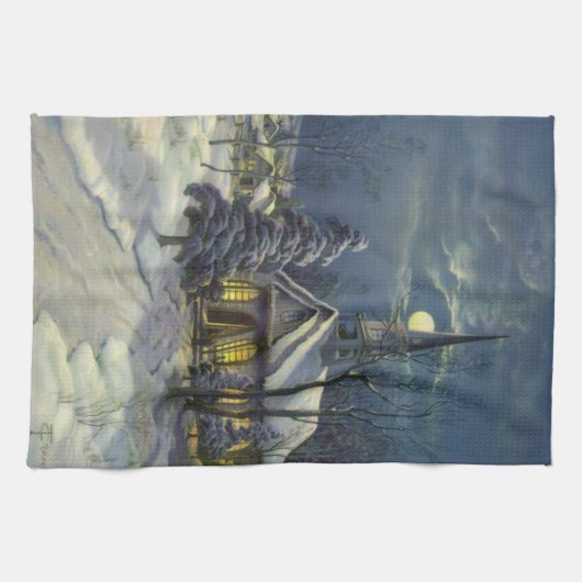 Kerstmis, winterkerk in sneeuw met maan theedoek (Horizontaal)