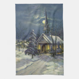 Kerstmis, winterkerk in sneeuw met maan theedoek