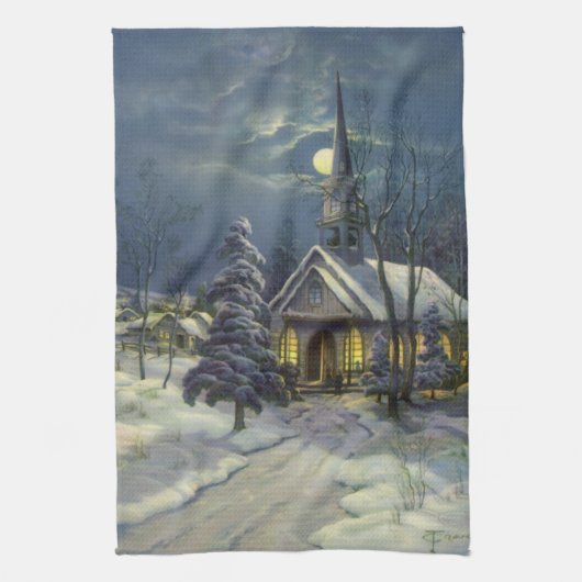 Kerstmis, winterkerk in sneeuw met maan theedoek (Verticaal)