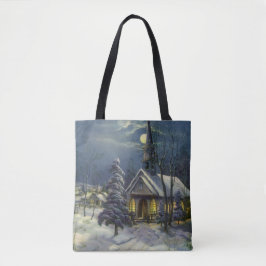 Kerstmis, winterkerk in sneeuw met maan tote bag