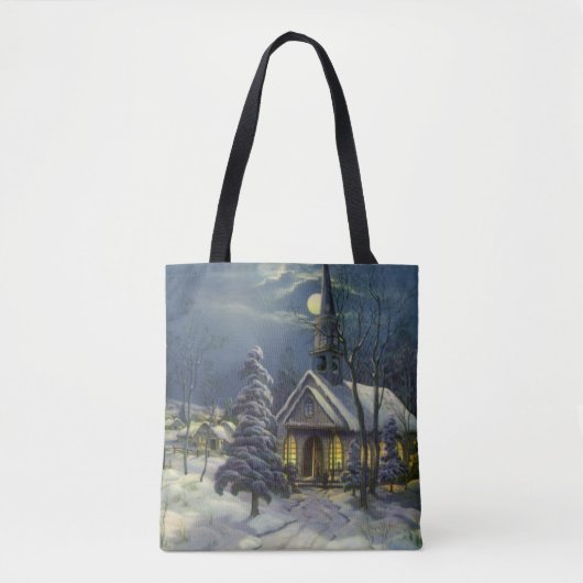 Kerstmis, winterkerk in sneeuw met maan tote bag (Voorkant)