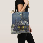 Kerstmis, winterkerk in sneeuw met maan tote bag (Dichtbij)