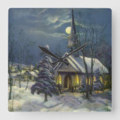 Kerstmis, winterkerk in sneeuw met maan vierkante klok (Voorkant)