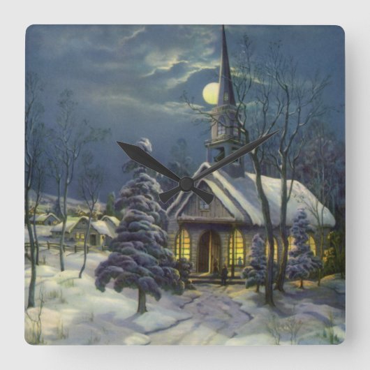 Kerstmis, winterkerk in sneeuw met maan vierkante klok (Voorkant)