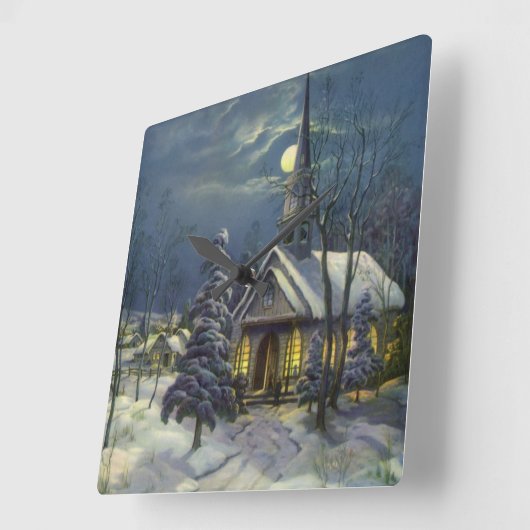 Kerstmis, winterkerk in sneeuw met maan vierkante klok (Hoek)