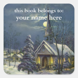 Kerstmis, winterkerk in sneeuw met maan vierkante sticker