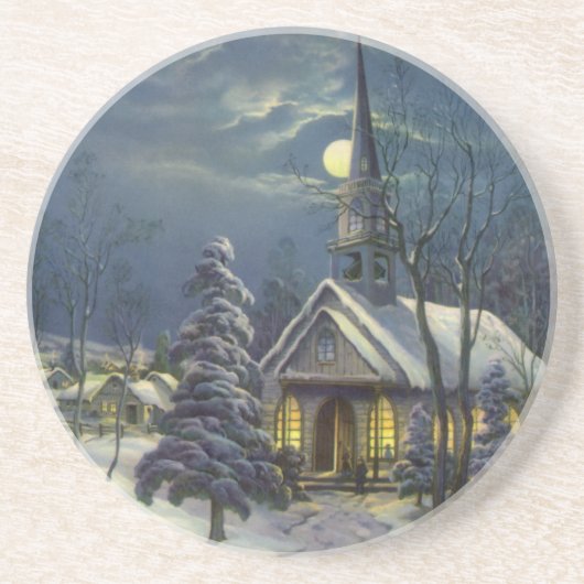 Kerstmis, winterkerk in sneeuw met maan zandsteen onderzetter (Voorkant)