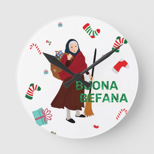 Kerstmis Witch buona Befana Ronde Klok (Voorkant)