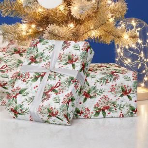 Kerstmis witte bloemen en rode bessen cadeaupapier