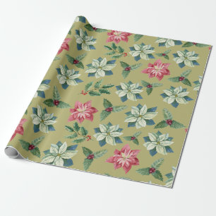 Kerstmis Witte en Rode Poinsettia, Hulstbes Cadeaupapier
