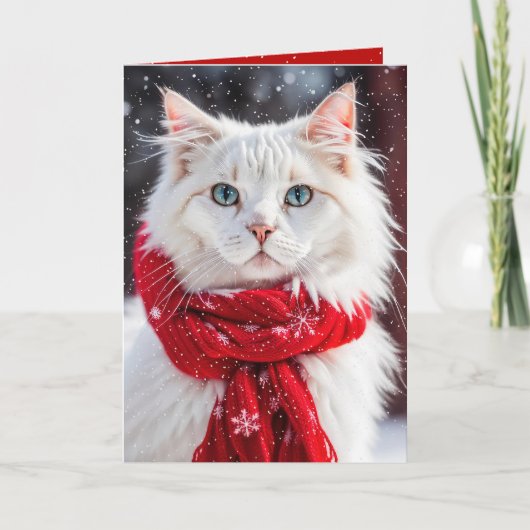 Kerstmis Witte Kat met Rode Sjaal Kaart (Voorkant)