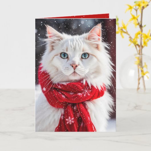 Kerstmis Witte Kat met Rode Sjaal Kaart (Gele Bloem)
