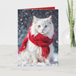 Kerstmis Witte Kat met Rode Sjaal Kaart