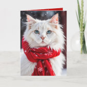 Kerstmis Witte Kat met Rode Sjaal Kaart (Voorkant)