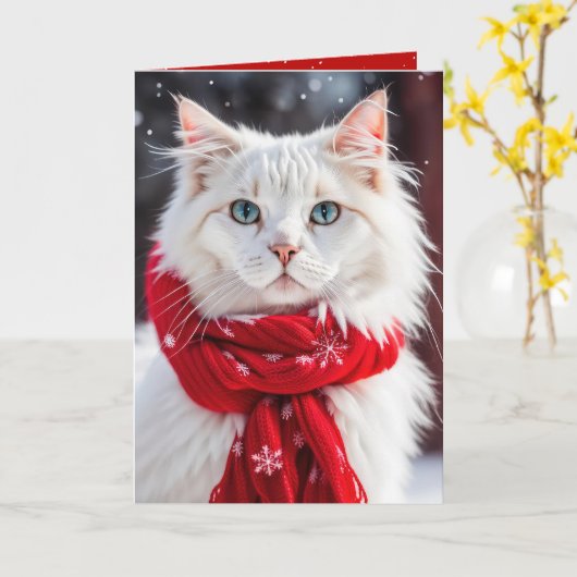 Kerstmis Witte Kat met Rode Sjaal Kaart (Gele Bloem)