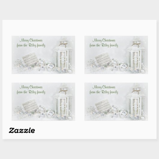 Kerstmis witte lantaarn met ornamenten in sneeuw rechthoekige sticker (Vel)