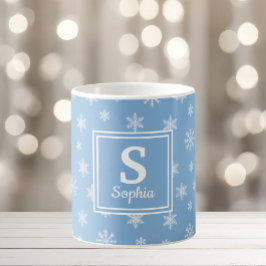 Kerstmis witte sneeuwvlokken Baby blauw monogram Koffiemok