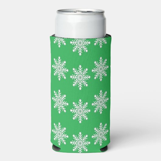 Kerstmis witte sneeuwvlokken op groen seltzer blikjeskoeler (Seltzer Voorkant)