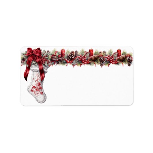 Kerstmis Witte Sock Red Satijnen Lint   Etiket (Voorkant)