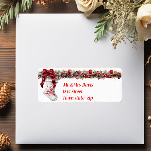 Kerstmis Witte Sock Red Satijnen Lint   Etiket