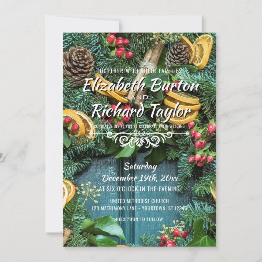 Kerstmis Wreath Holiday Winter Weddenschap Kaart (Voorkant)