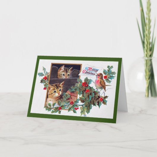 Kerstmis, Xmas Kitten en Kleine Vogel Kaart (Voorkant)