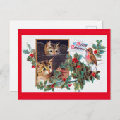 Kerstmis, Xmas Kitten en Little Bird Briefkaart (Voorkant / Achterkant)