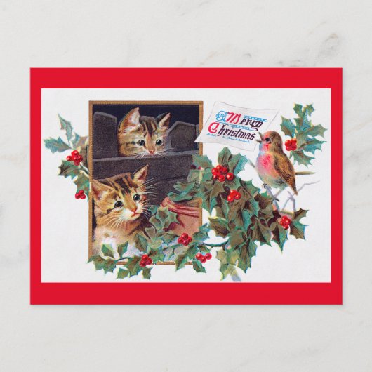 Kerstmis, Xmas Kitten en Little Bird Briefkaart (Voorkant)
