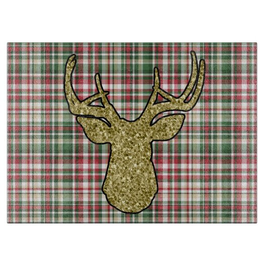 Kerstmis XMAS Plaid Tartan Goud Herten Buck Glas Snijplank (Voorkant)