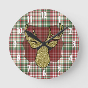 Kerstmis XMAS Plaid Tartan Goud Herten Wandklok