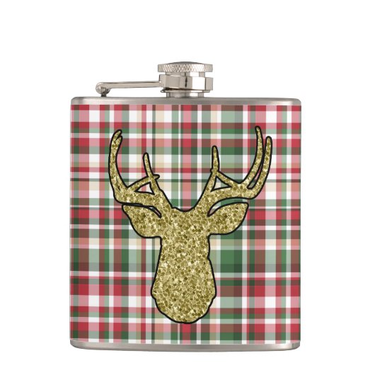 Kerstmis XMAS Pset Tartan Gold Deer Buck Fles Heupfles (Voorkant)
