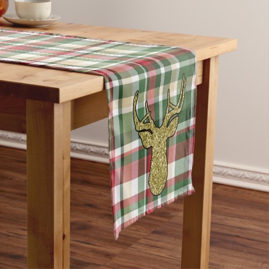 Kerstmis XMAS Pset Tartan Gold Deer Buck Korte Tafelloper (Voorbeeld)