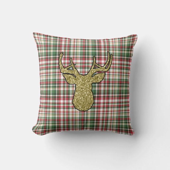 Kerstmis XMAS Pset Tartan Gold Deer Buck Pillow Kussen (Voorkant)